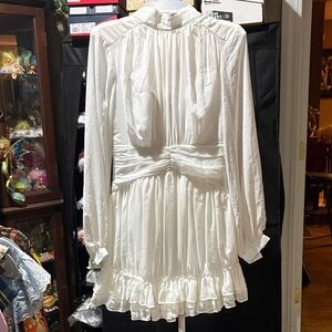 38c# Elegant Chiffon White Long Sleeve Dress w/ruffles& undercoating NWT